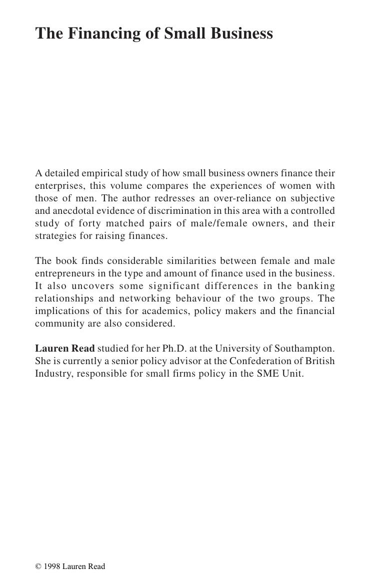 The financing of small business : a comparative study of male and female business owners by Read Lauren
