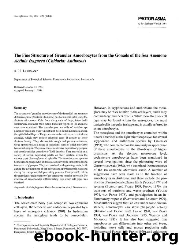 The fine structure of granular amoebocytes from the gonads of the sea anemone <Emphasis Type="Italic">Actinia fragacea (Cnidaria: Anthozoa) <Emphasis> by Unknown