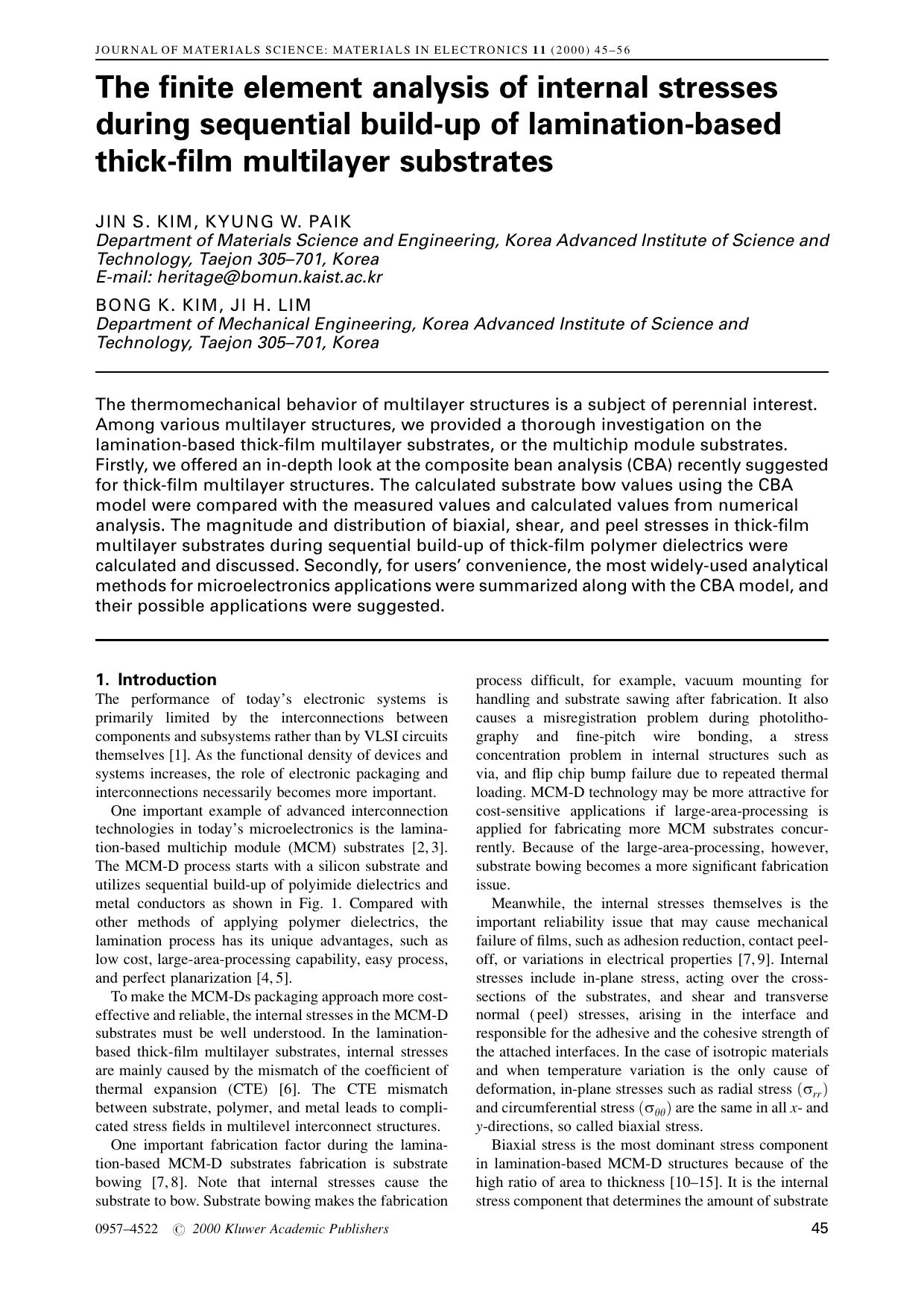 The finite element analysis of internal stresses during sequential build-up of lamination-based thick-film multilayer substrates by Unknown