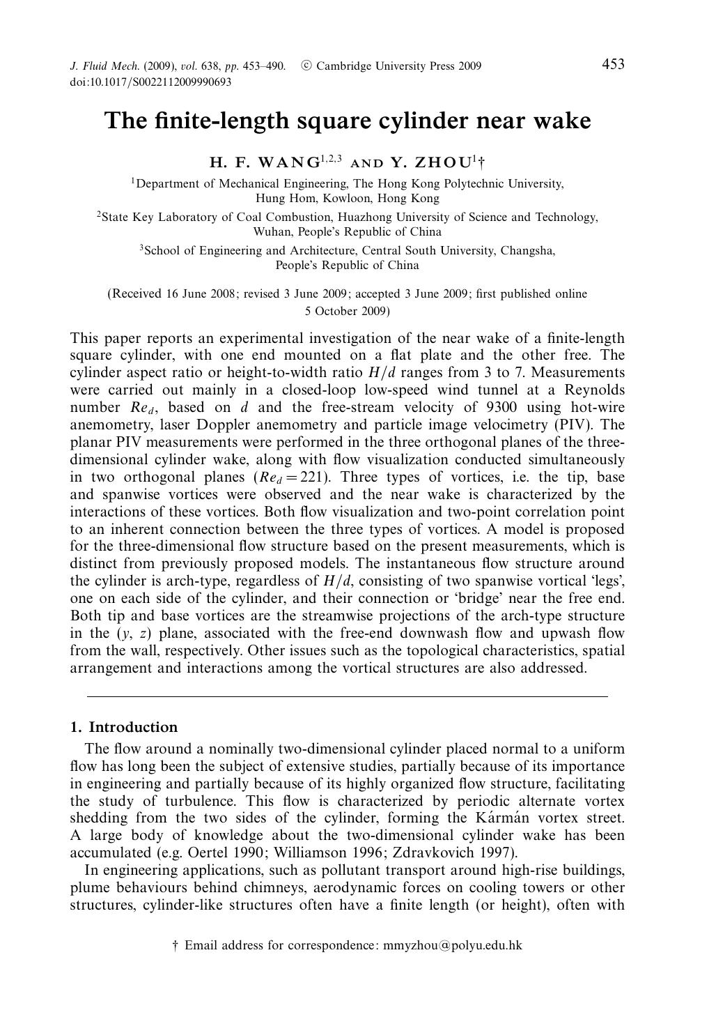 The finite-length square cylinder near wake by H. F. WANG Y. ZHOU