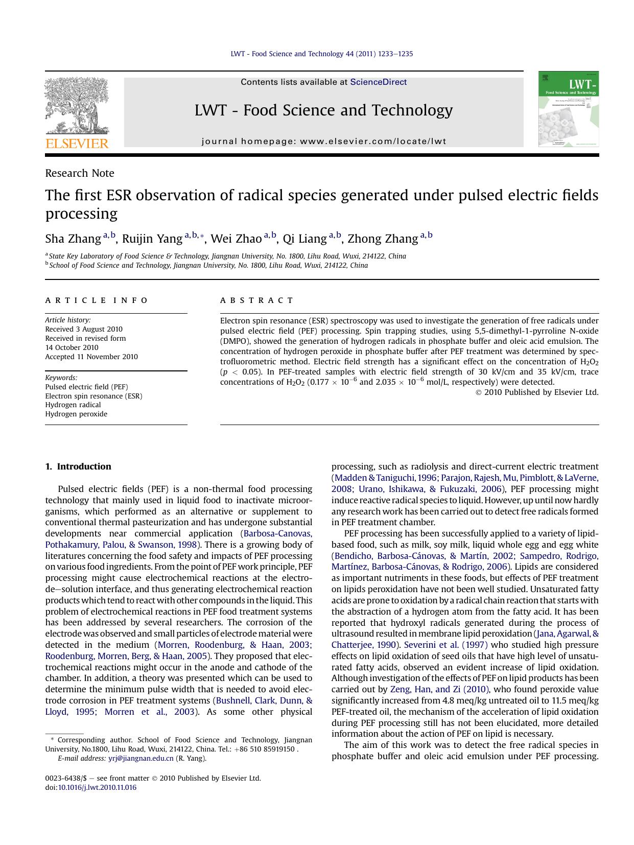 The first ESR observation of radical species generated under pulsed electric fields processing by Sha Zhang & Ruijin Yang & Wei Zhao & Qi Liang & Zhong Zhang