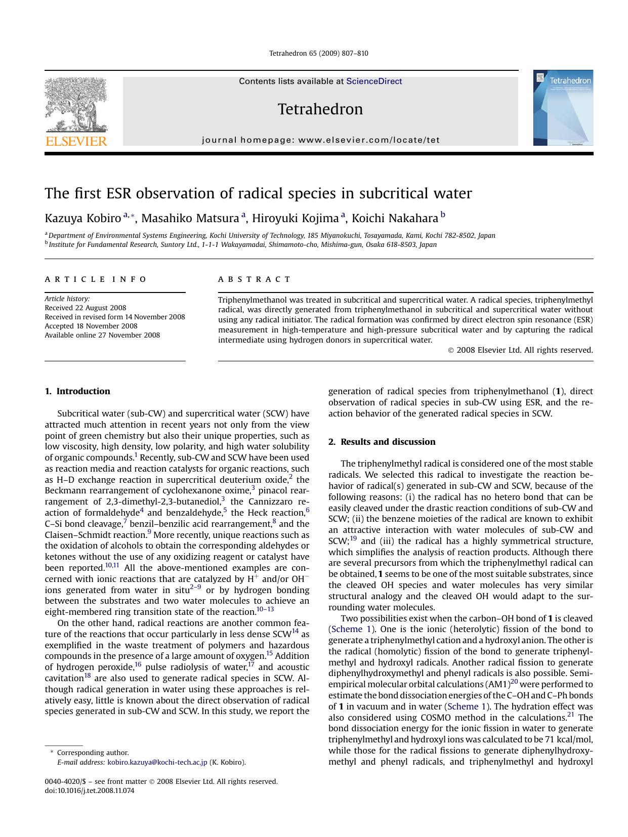 The first ESR observation of radical species in subcritical water by Kazuya Kobiro; Masahiko Matsura; Hiroyuki Kojima; Koichi Nakahara
