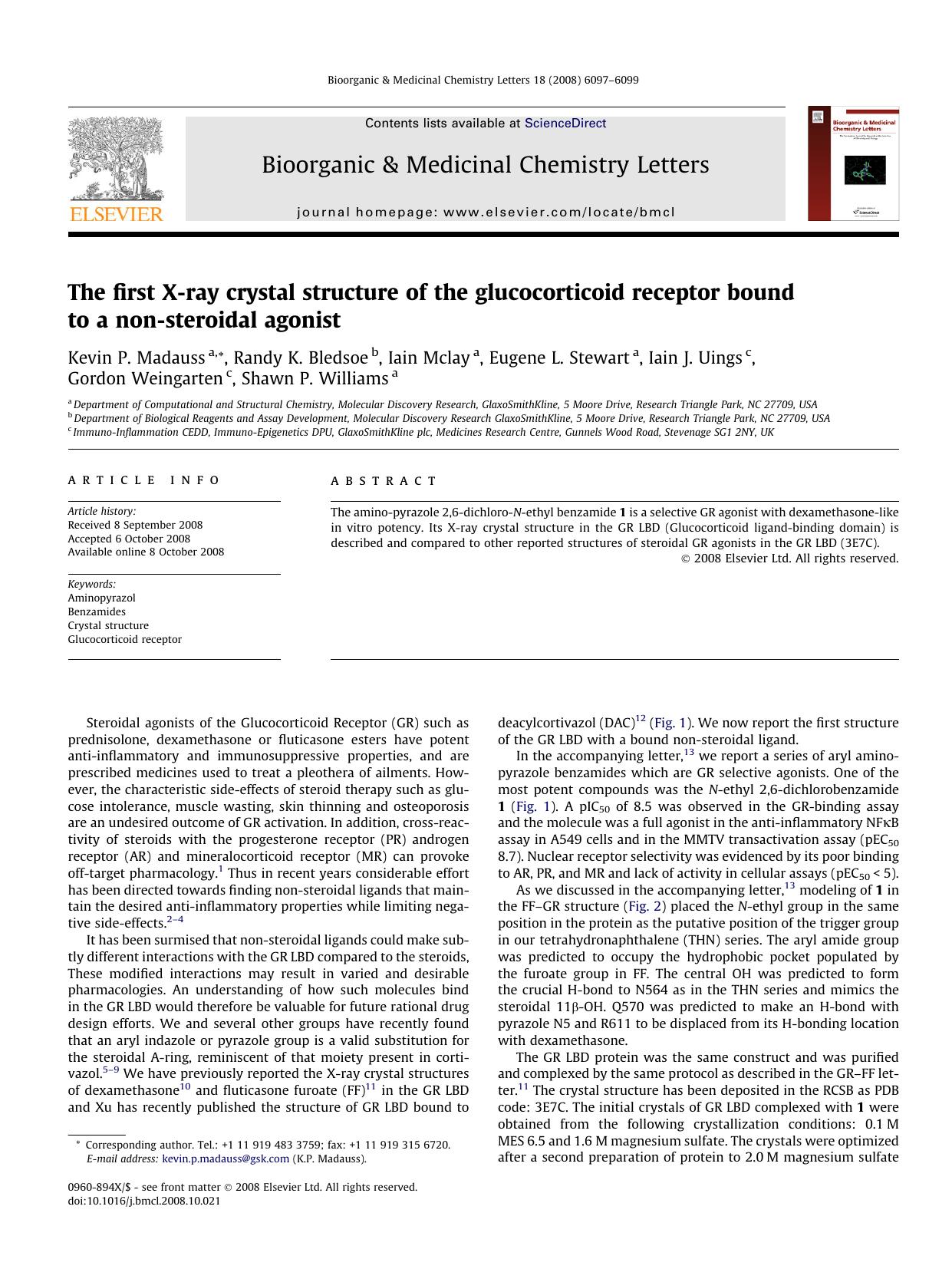 The first X-ray crystal structure of the glucocorticoid receptor bound to a non-steroidal agonist by unknow