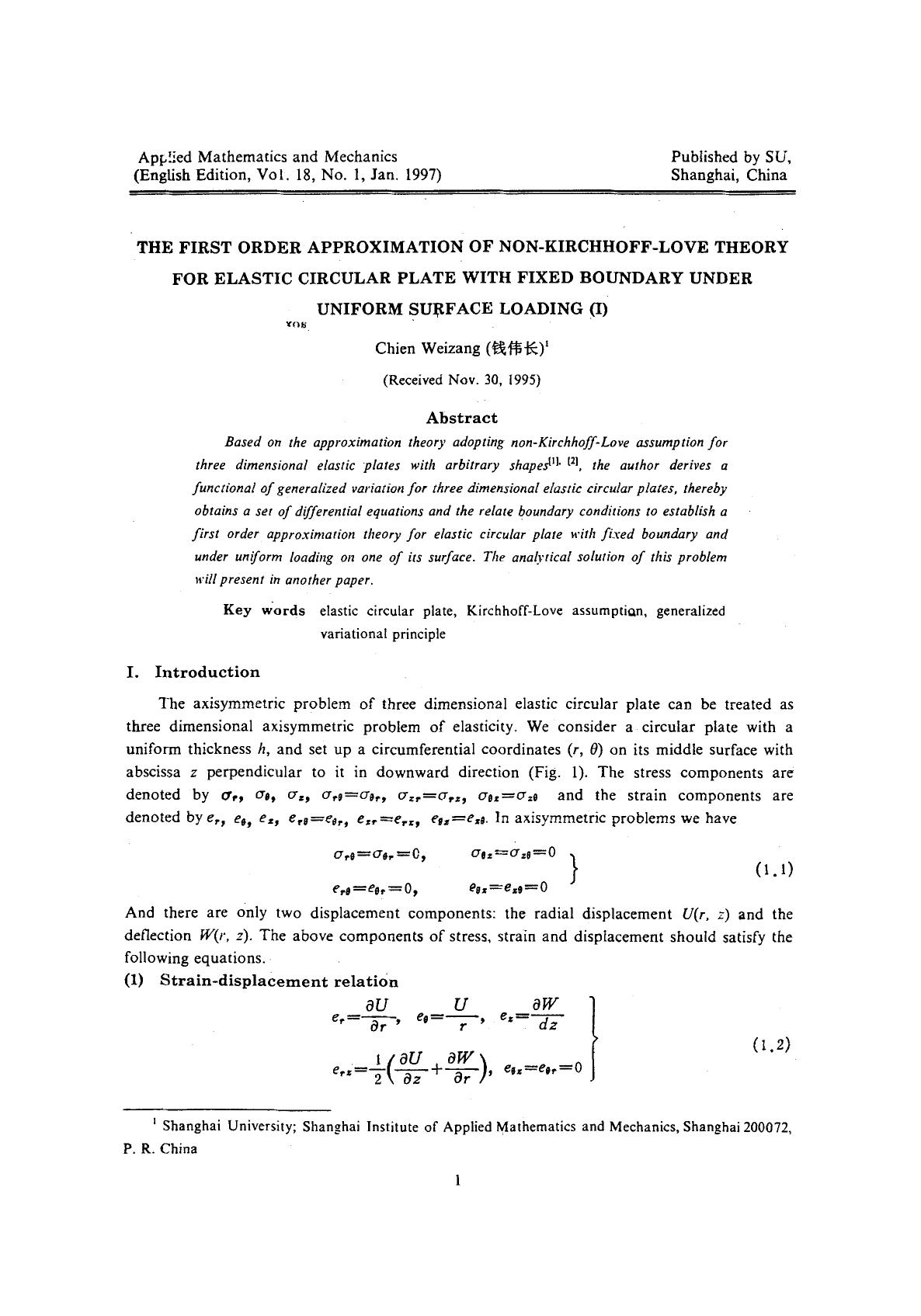 The first order approximation of non-Kirchhoff-Love theory for elastic circular plate with fixed boundary under uniform surface loading (I) by Unknown