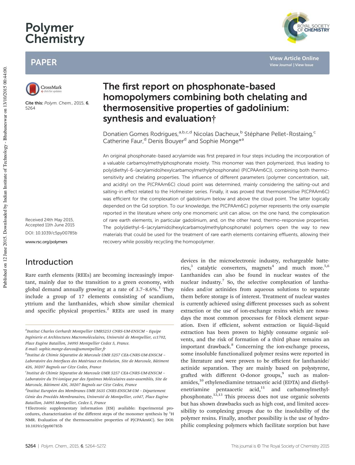The first report on phosphonate-based homopolymers combining both chelating and thermosensitive properties of gadolinium: synthesis and evaluation by unknow
