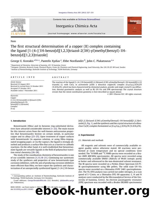 The first structural determination of a copper (II) complex containing the ligand [1-(4-((1H-benzo[d][1,2,3]triazol-2(3H)-yl)methyl)benzyl)-1H-benzo[d][1,2,3]triazole] by George E. Kostakis & Pantelis Xydias & Ebbe Nordlander & John C. Plakatouras