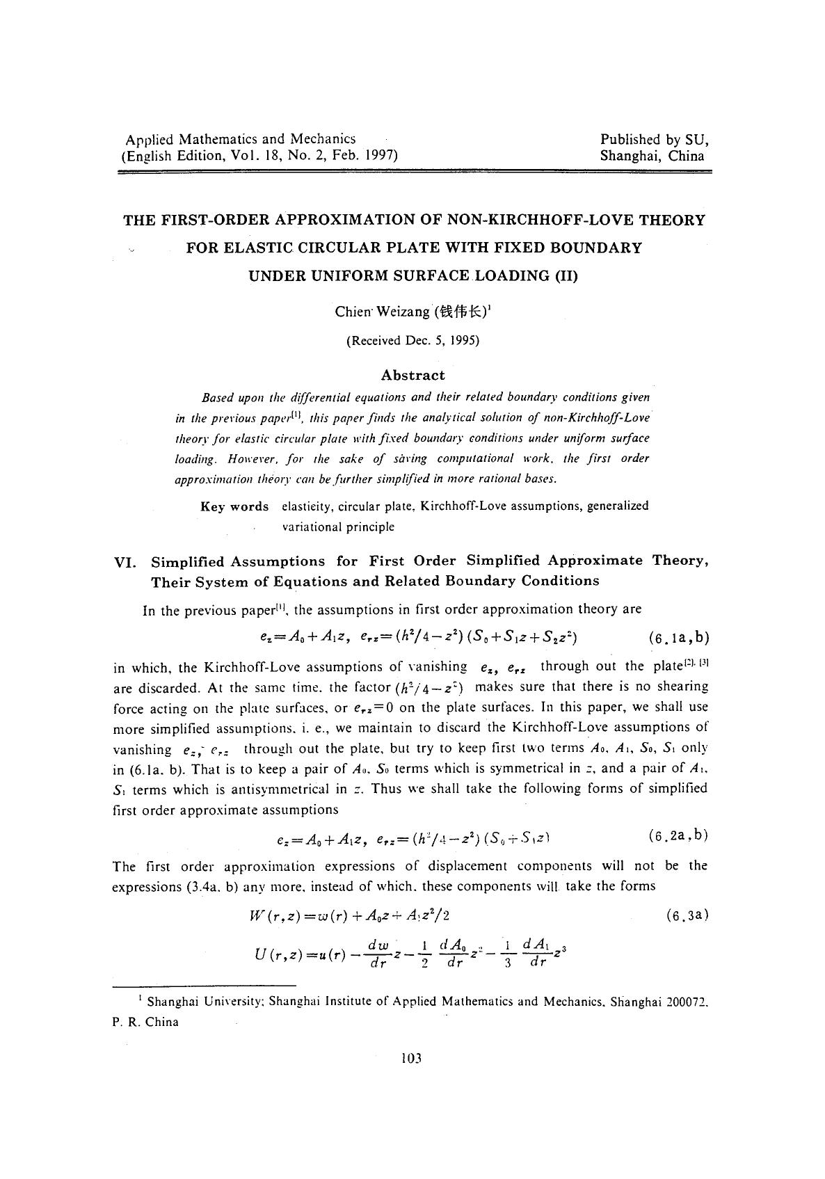 The first-order approximation of non-Kirchhoff-Love theory for elastic circular plate with fixed boundary under uniform surface loading (II) by Unknown
