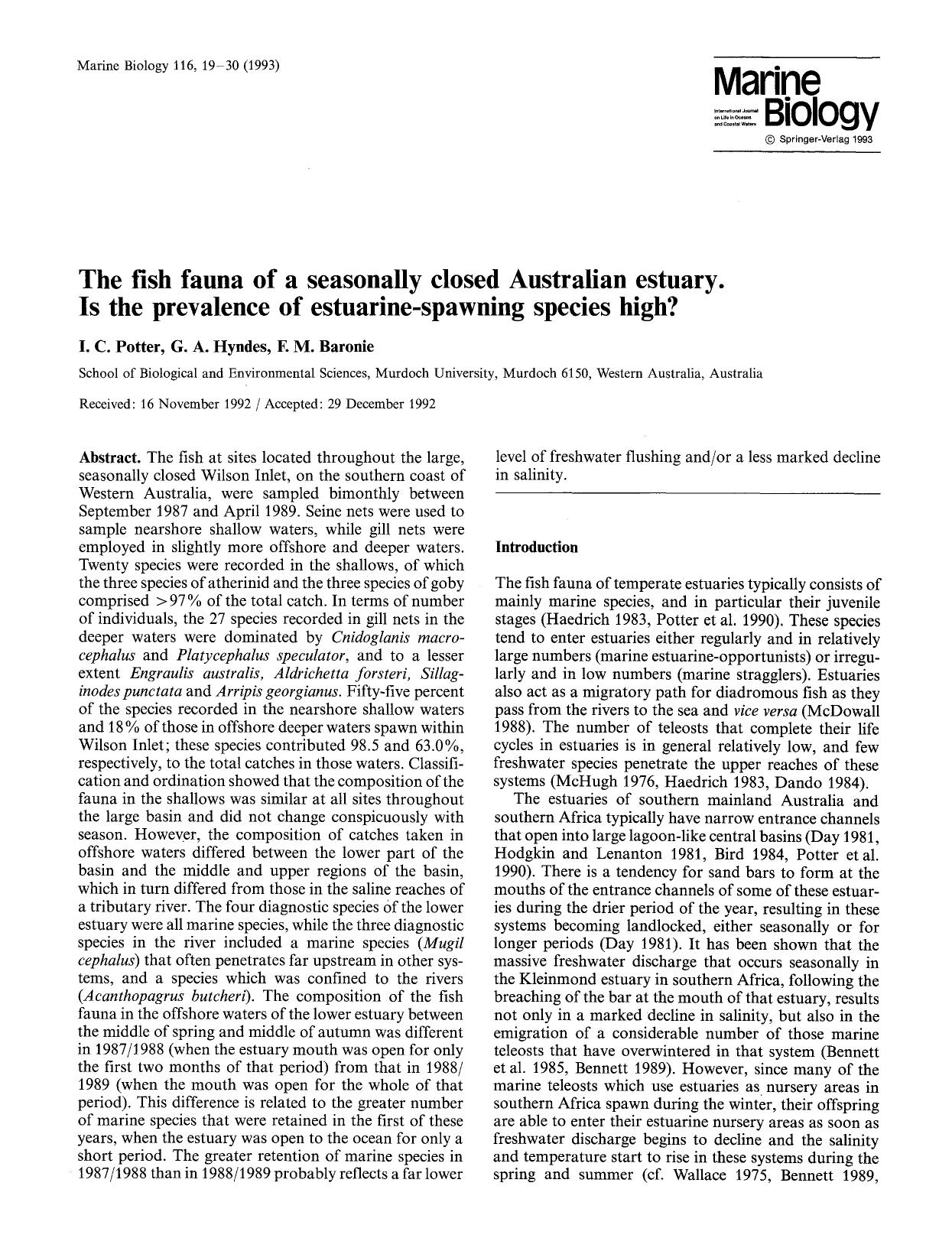 The fish fauna of a seasonally closed Australian estuary. Is the prevalence of estuarine-spawning species high? by Unknown