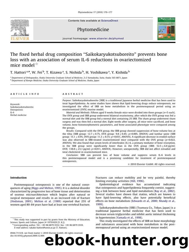 The fixed herbal drug composition âSaikokaryukotsuboreitoâ prevents bone loss with an association of serum IL-6 reductions in ovariectomized mice model by T. Hattori; W. Fei; T. Kizawa; S. Nishida; H. Yoshikawa; Y. Kishida