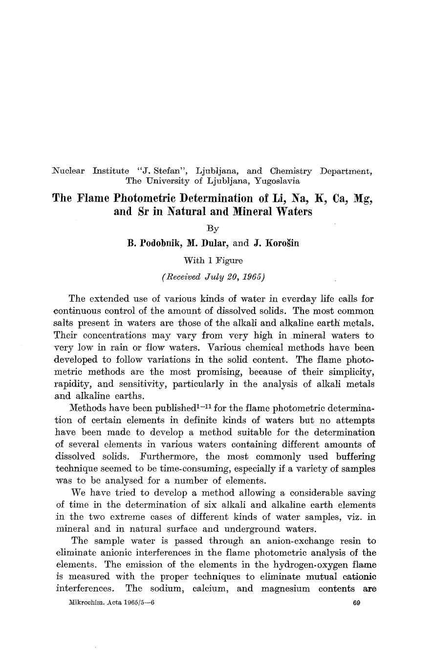 The flame photometric determination of Li, Na, K, Ca, Mg, and Sr in natural and mineral waters by Unknown