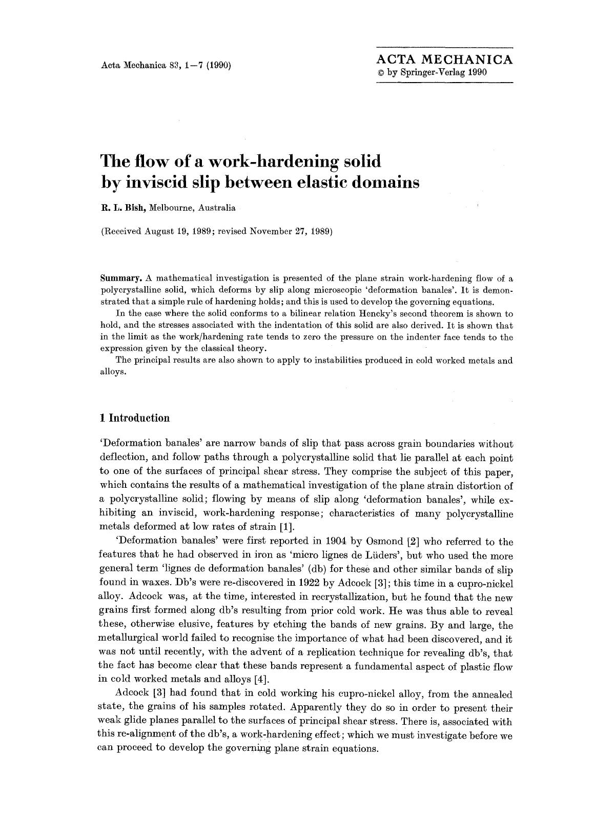 The flow of a work-hardening solid by inviscid slip between elastic domains by Unknown