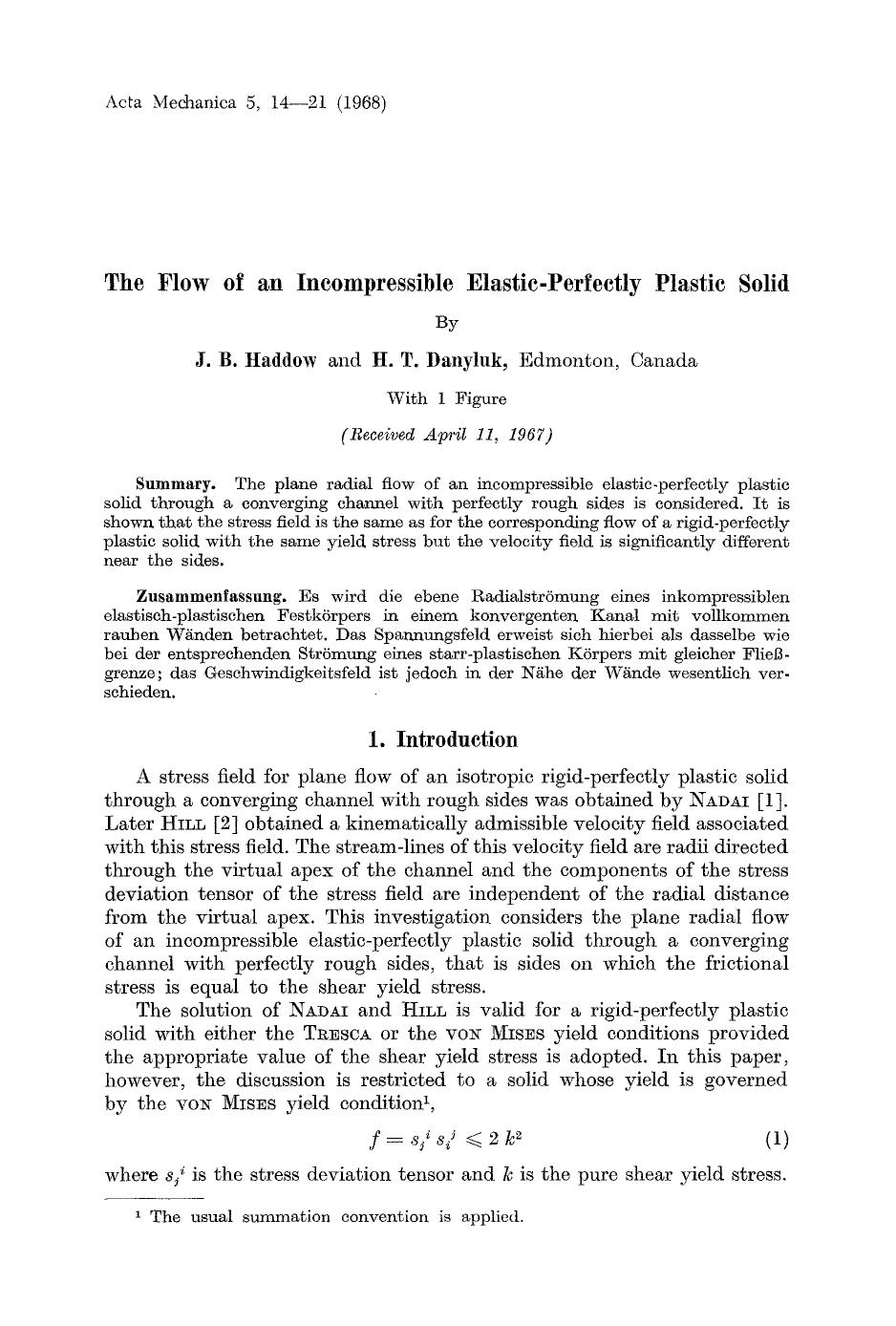 The flow of an incompressible elastic-perfectly plastic solid by Unknown