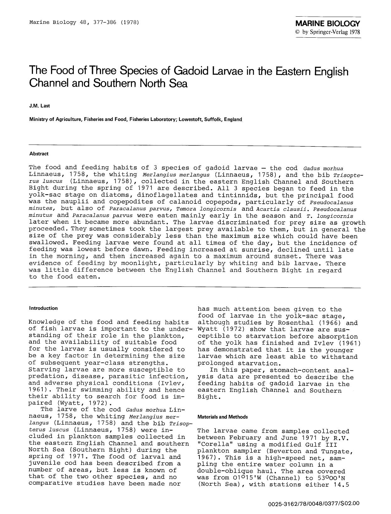 The food of three species of gadoid larvae in the Eastern English Channel and Southern North Sea by Unknown