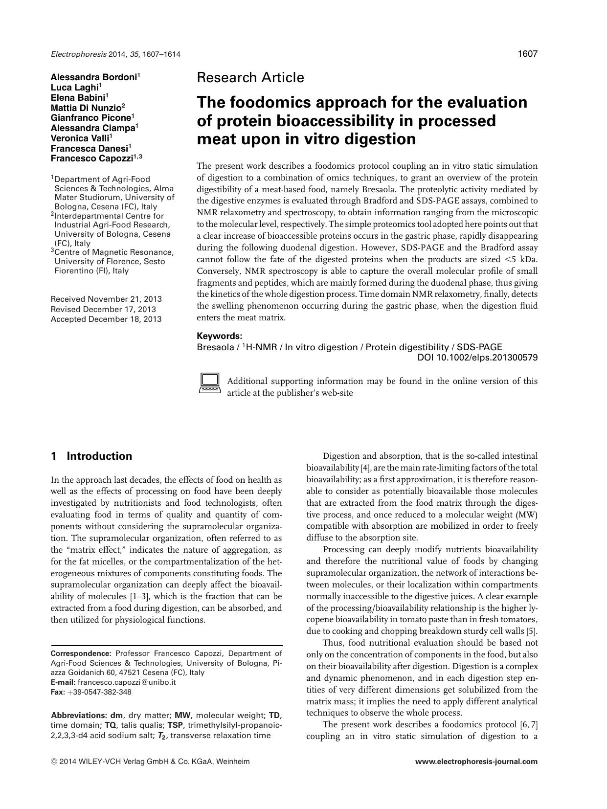 The foodomics approach for the evaluation of protein bioaccessibility in processed meat upon in vitro digestion by Unknown