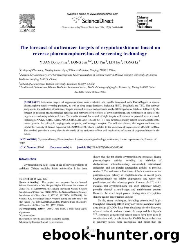 The forecast of anticancer targets of cryptotanshinone based on reverse pharmacophore-based screening technology by Dong-Ping YUAN & Jun LONG & Yin LU & Jie LIN & Li TONG