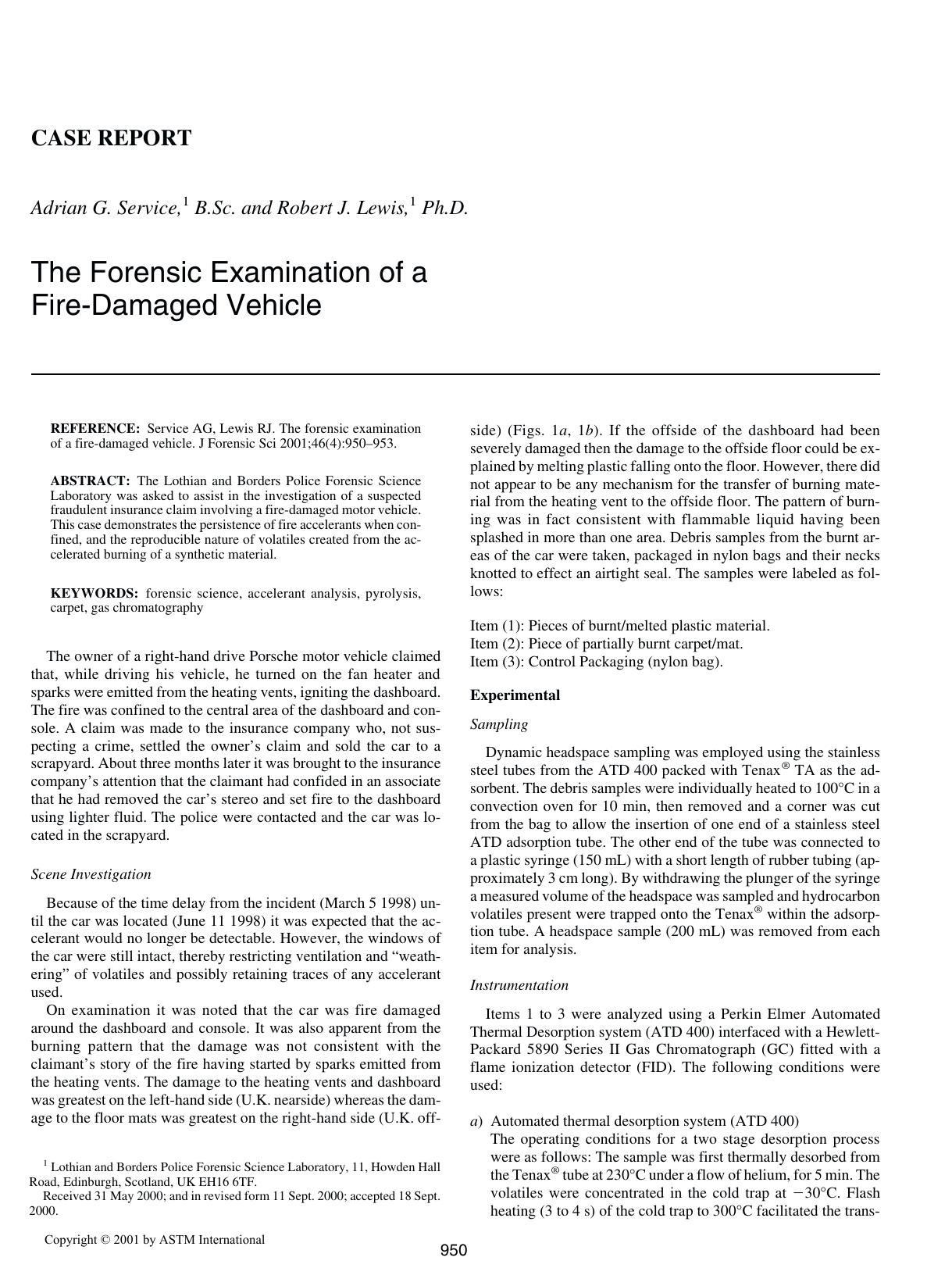 The forensic examination of a fire-damaged vehicle by Service AG Lewis RJ
