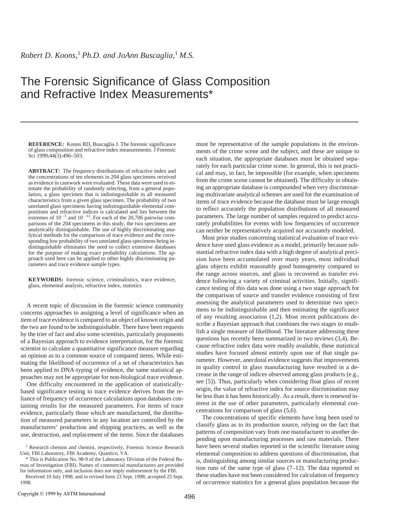 The forensic significance of glass composition and refractive index measurements by Koons RD Buscaglia J