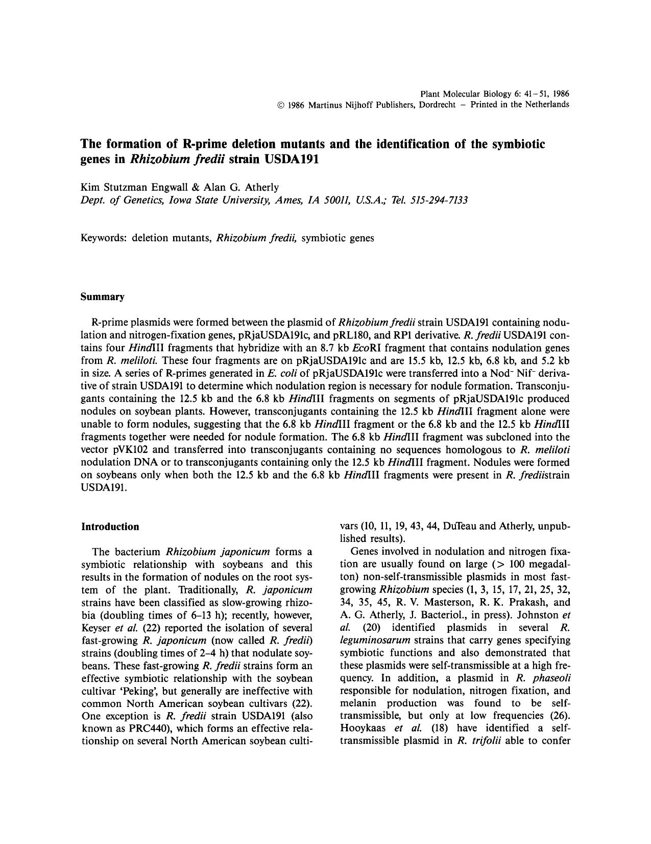 The formation of R-prime deletion mutants and the identification of the symbiotic genes in <Emphasis Type="Italic">Rhizobium fredii <Emphasis> strain USDA191 by Unknown