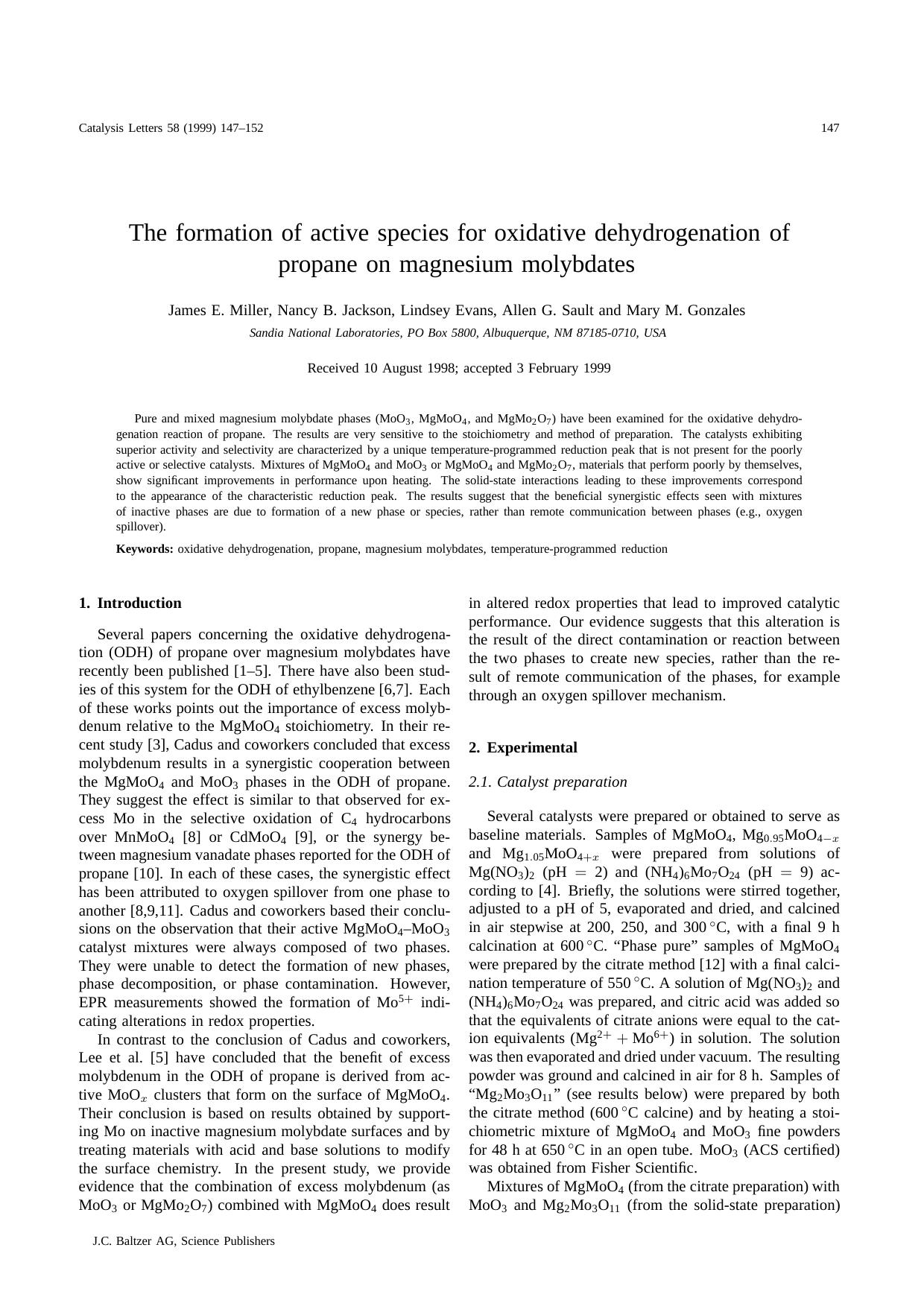 The formation of active species for oxidative dehydrogenation of propane on magnesium molybdates by Unknown