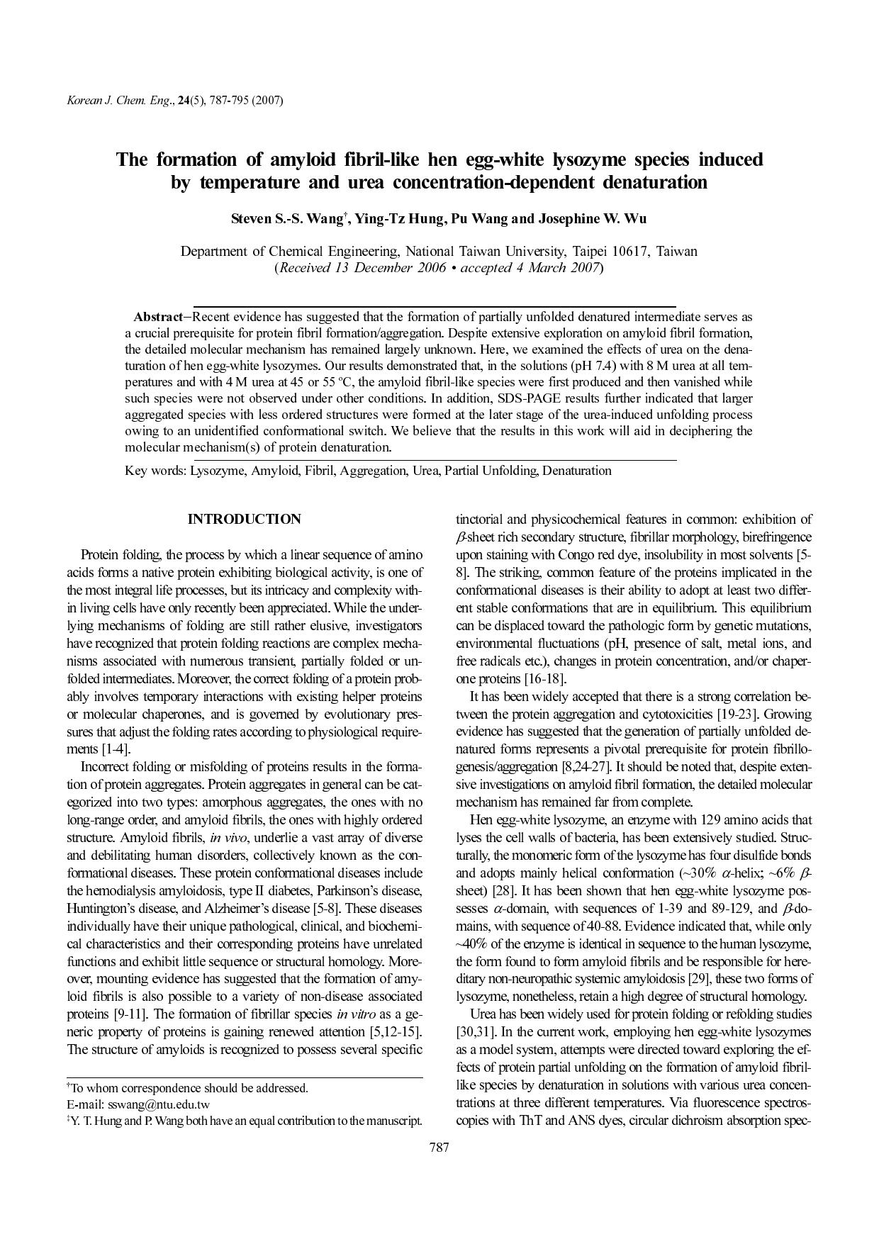 The formation of amyloid fibril-like hen egg-white lysozyme species induced by temperature and urea concentration-dependent denaturation by Unknown