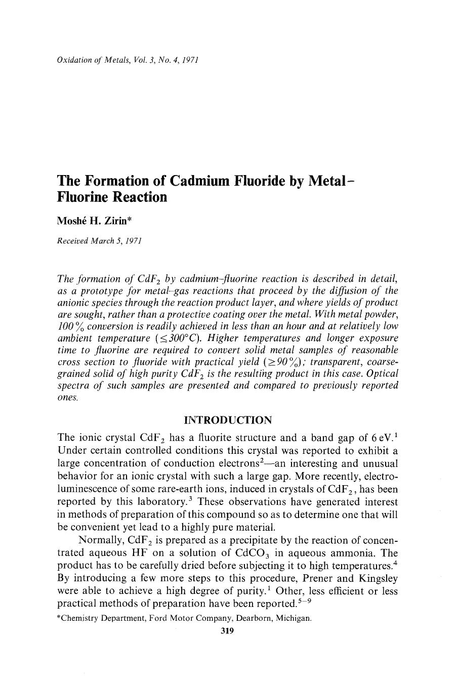 The formation of cadmium fluoride by metal-fluorine reaction by Unknown