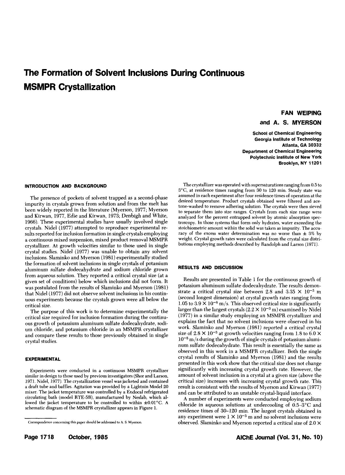 The formation of solvent inclusions during continuous msmpr crystallization by Unknown