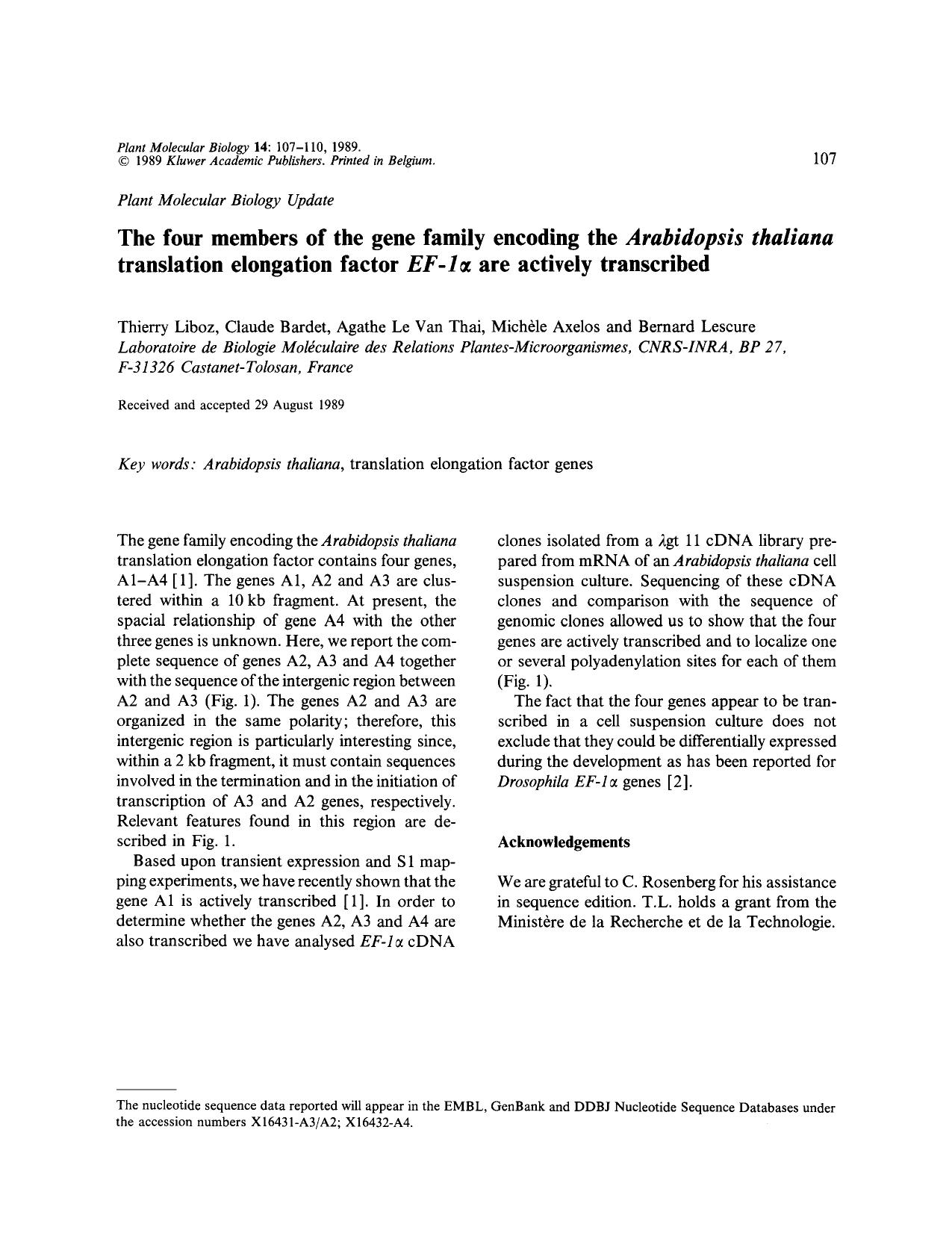 The four members of the gene family encoding the <Emphasis Type="Italic">Arabidopsis thaliana <Emphasis> translation elongation factor <Emphasis Type="Italic">EF-1&#x03B1; <Empha by Unknown