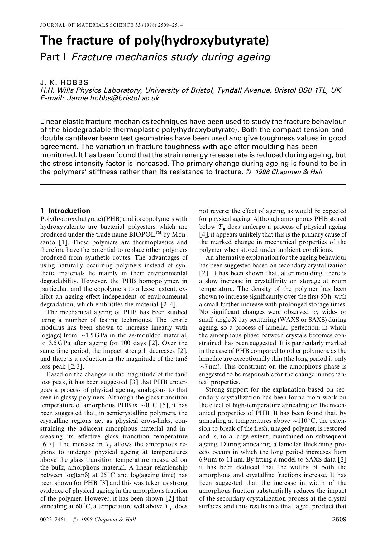 The fracture of poly(hydroxybutyrate)Part I Fracture mechanics study during ageing by Unknown