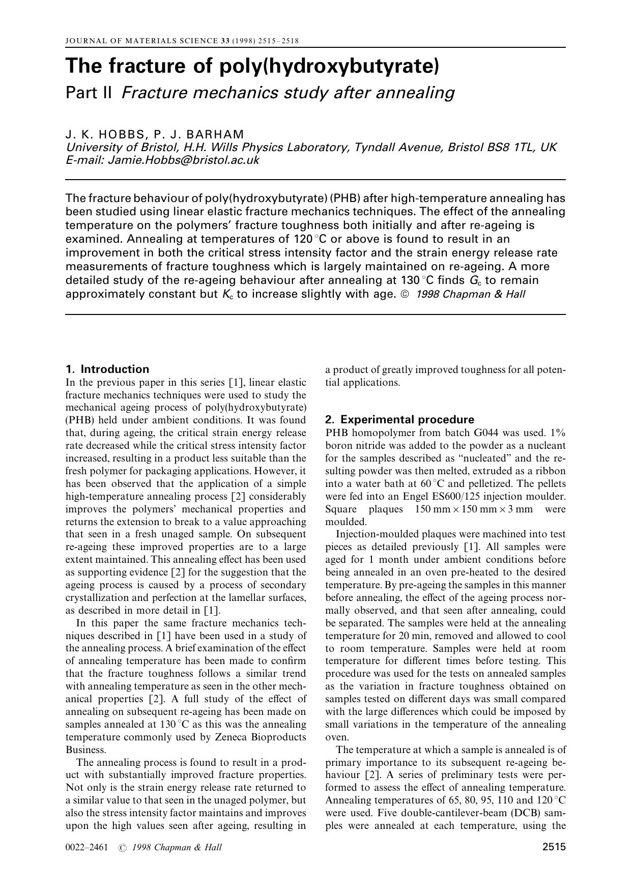 The fracture of poly(hydroxybutyrate)Part II Fracture mechanics study after annealing by Unknown