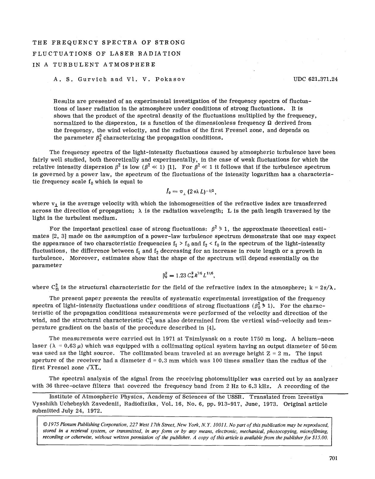 The frequency spectra of strong fluctuations of laser radiation in a turbulent atmosphere by Unknown
