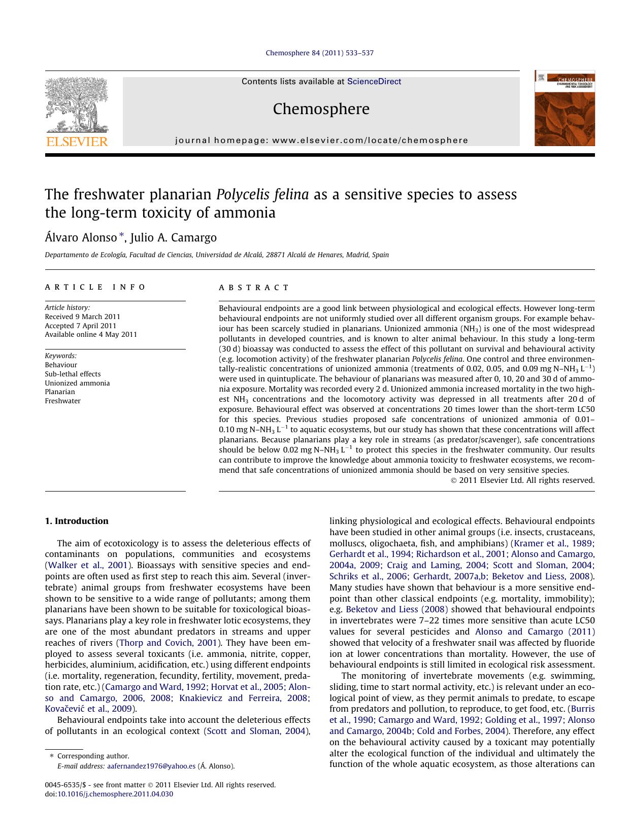 The freshwater planarian Polycelis felina as a sensitive species to assess the long-term toxicity of ammonia by Ã•lvaro Alonso & Julio A. Camargo