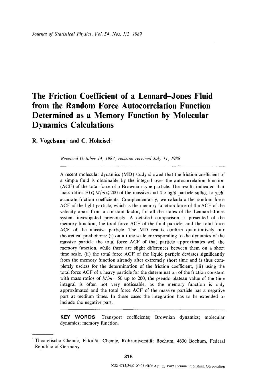 The friction coefficient of a Lennard-Jones fluid from the random force autocorrelation function determined as a memory function by molecular dynamics calculations by Unknown