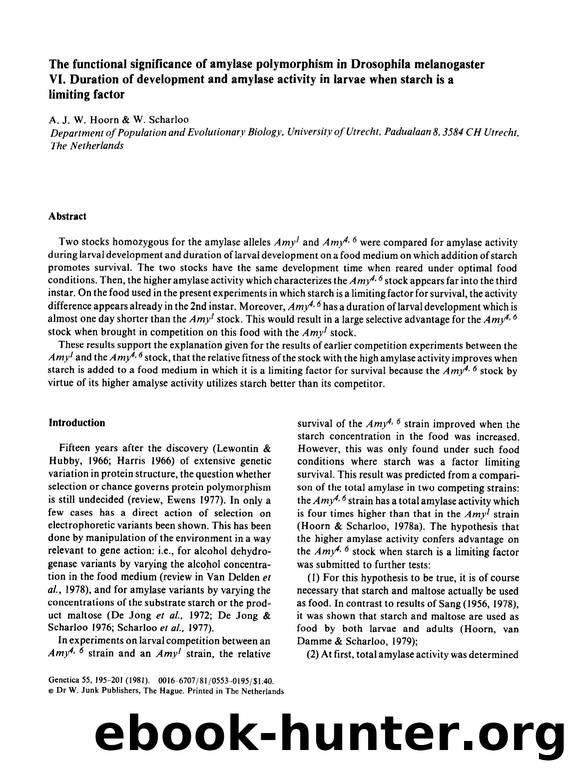 The functional significance of amylase polymorphism in Drosophila melanogaster VI. Duration of development and amylase activity in larvae when starch is a limiting factor by Unknown