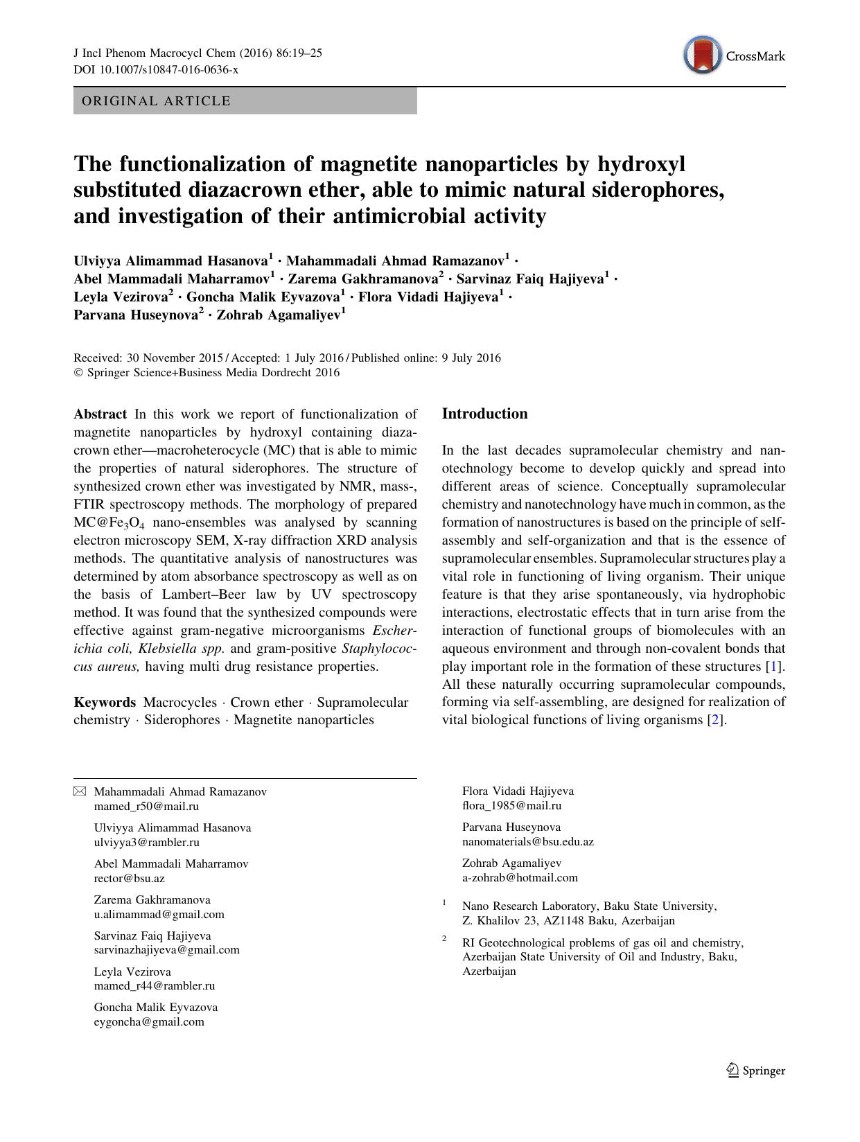 The functionalization of magnetite nanoparticles by hydroxyl substituted diazacrown ether, able to mimic natural siderophores, and investigation of their antimicrobial activity by unknow