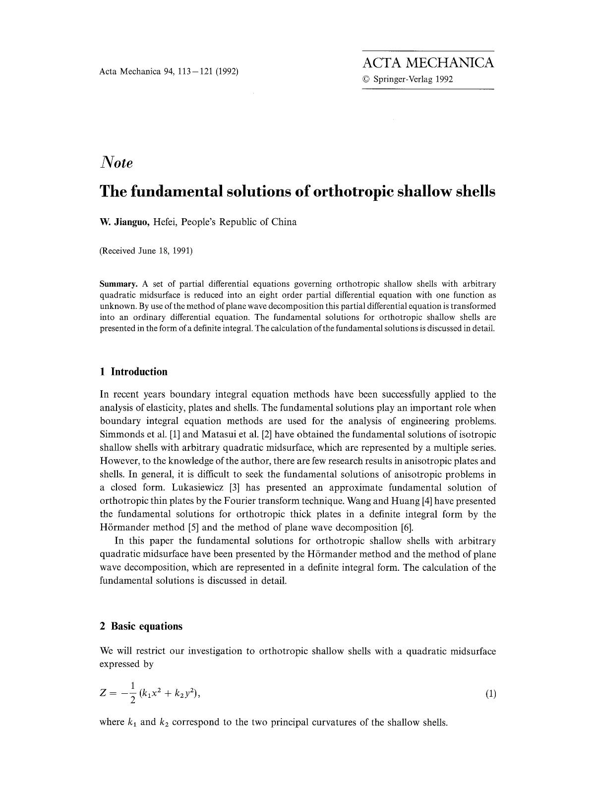 The fundamental solutions of orthotropic shallow shells by Unknown