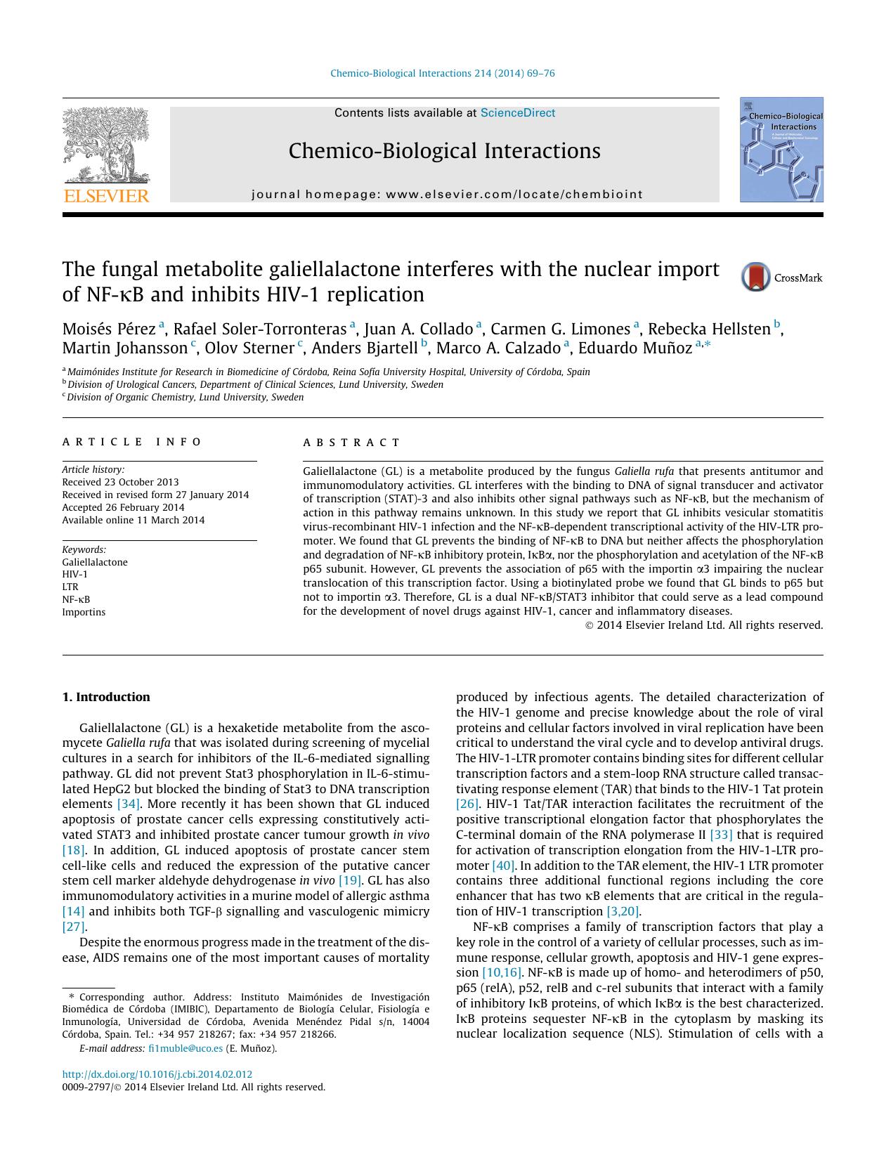 The fungal metabolite galiellalactone interferes with the nuclear import of NF-ÃÂºB and inhibits HIV-1 replication by unknow