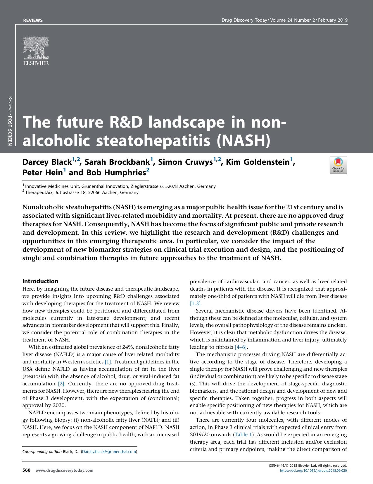 The future R&D landscape in non-alcoholic steatohepatitis (NASH) by Darcey Black & Sarah Brockbank & Simon Cruwys & Kim Goldenstein & Peter Hein & Bob Humphries