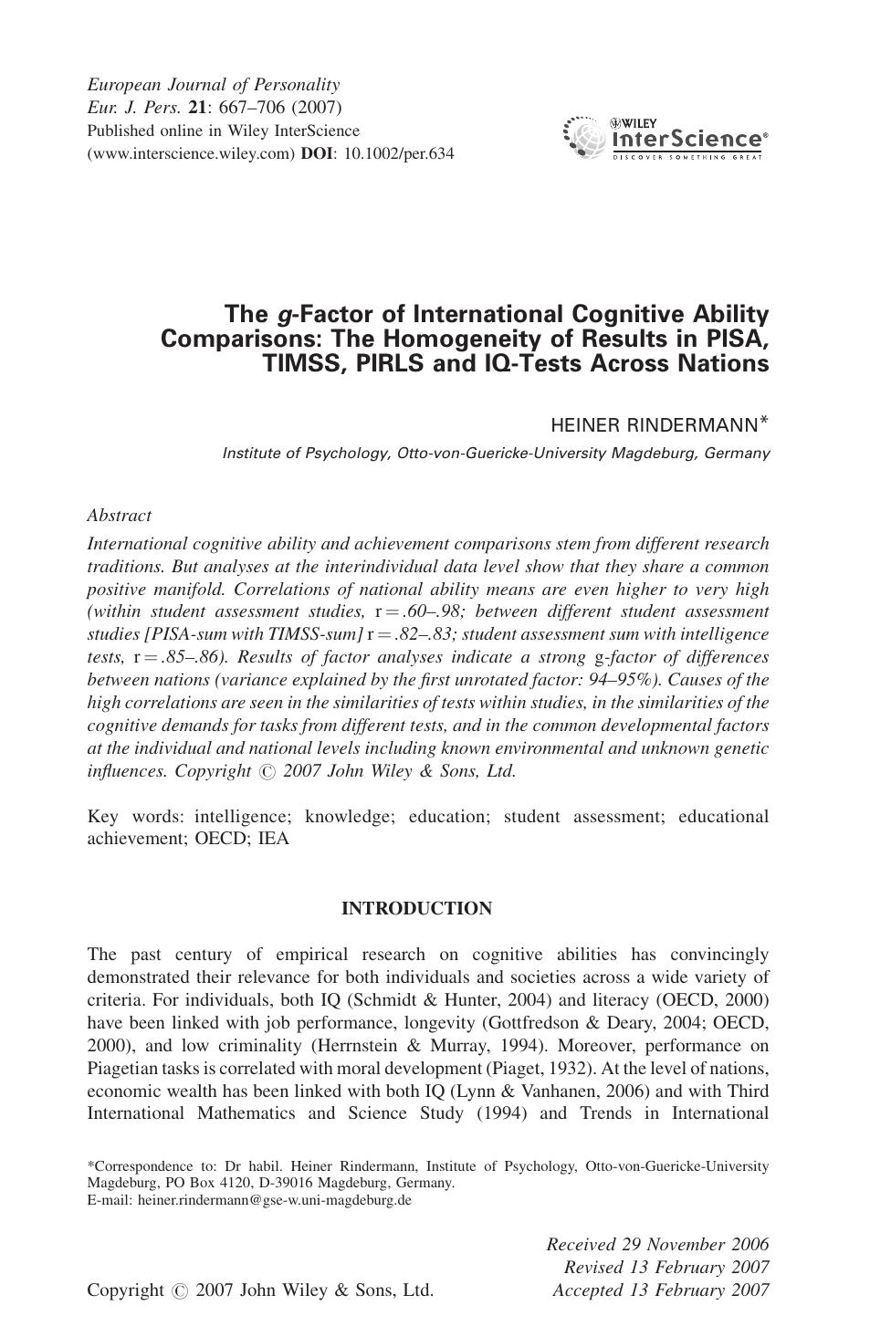 The g-factor of international cognitive ability comparisons: the homogeneity of results in PISA, TIMSS, PIRLS and IQ-tests across nations by Unknown