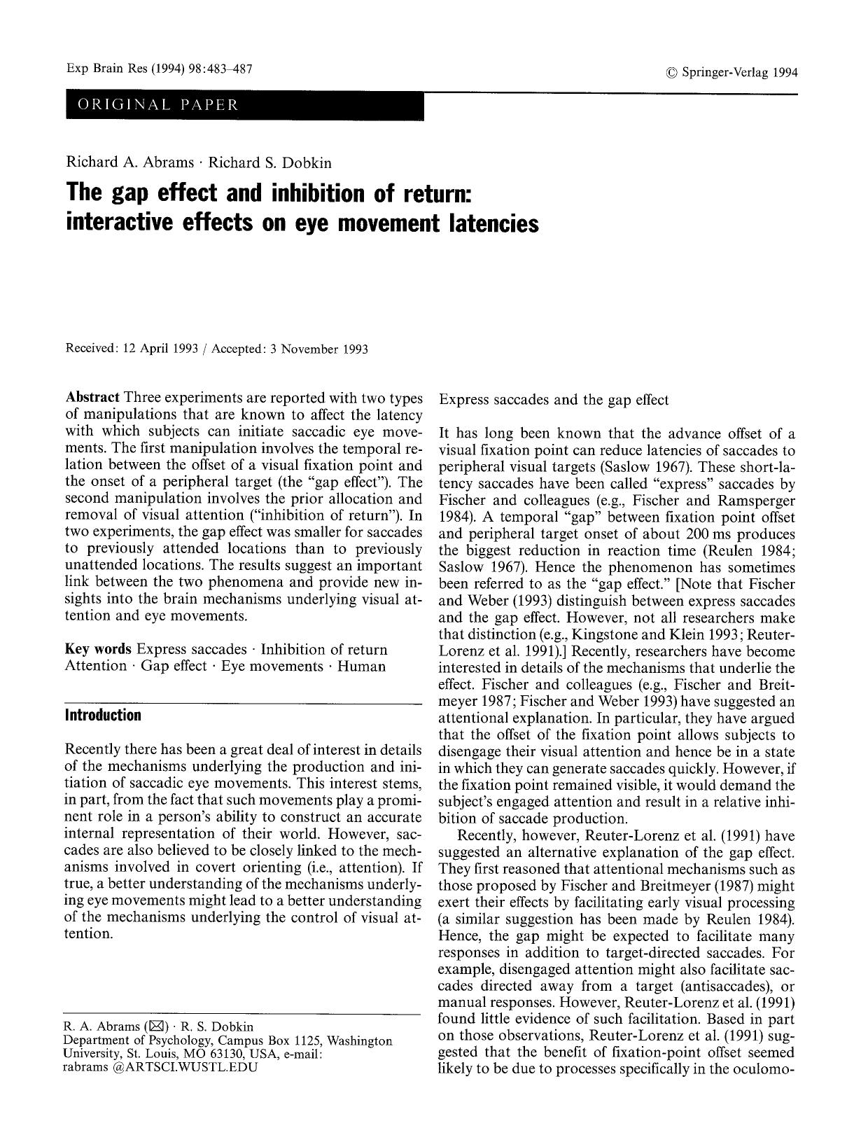 The gap effect and inhibition of return: interactive effects on eye movement latencies by Unknown