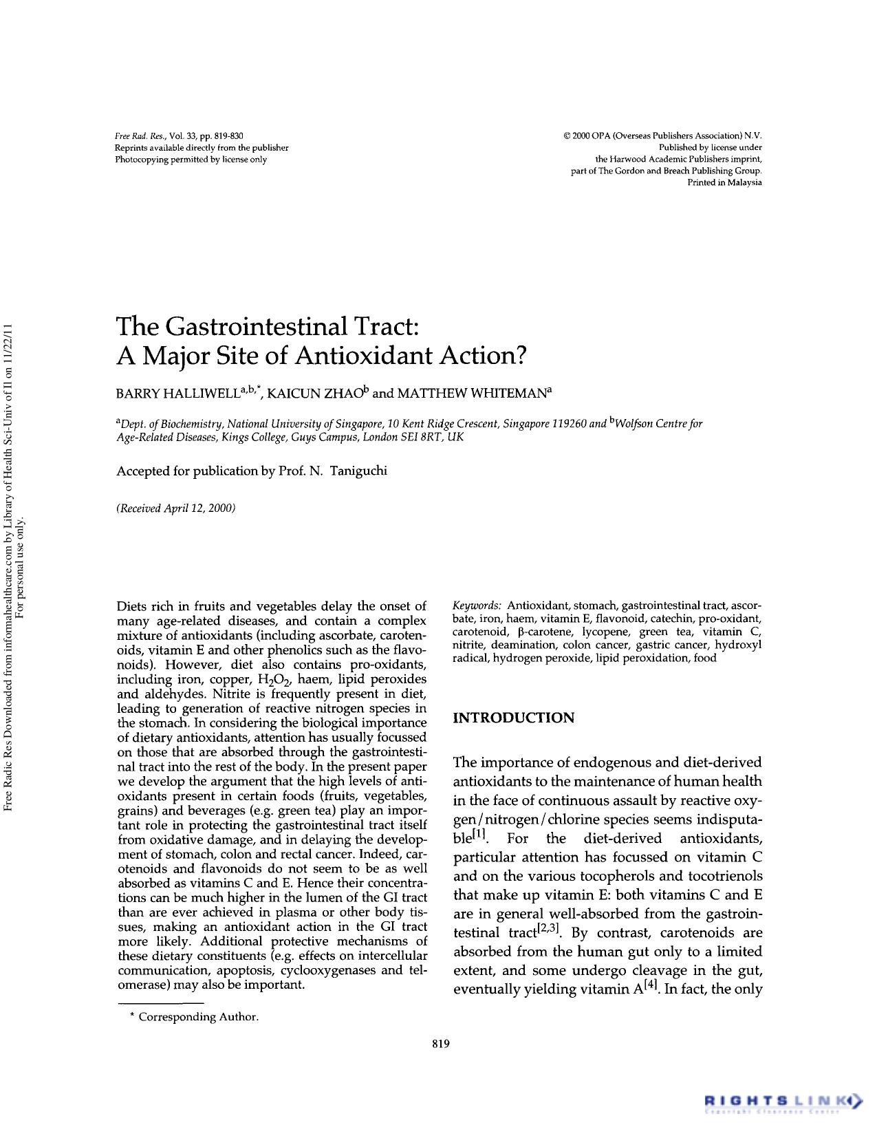 The gastrointestinal tract: A major site of antioxidant action? by Barry Halliwell Kaicun Zhao & Matthew Whiteman