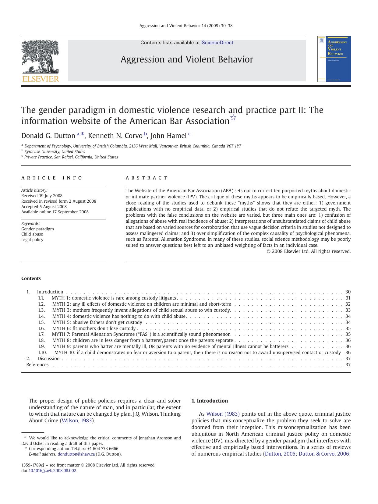 The gender paradigm in domestic violence research and practice part II: The information website of the American Bar Association by Donald G. Dutton; Kenneth N. Corvo; John Hamel