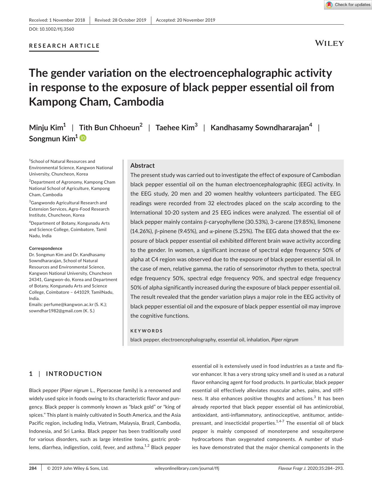 The gender variation on the electroencephalographic activity in response to the exposure of black pepper essential oil from Kampong Cham, Cambodia by Unknown