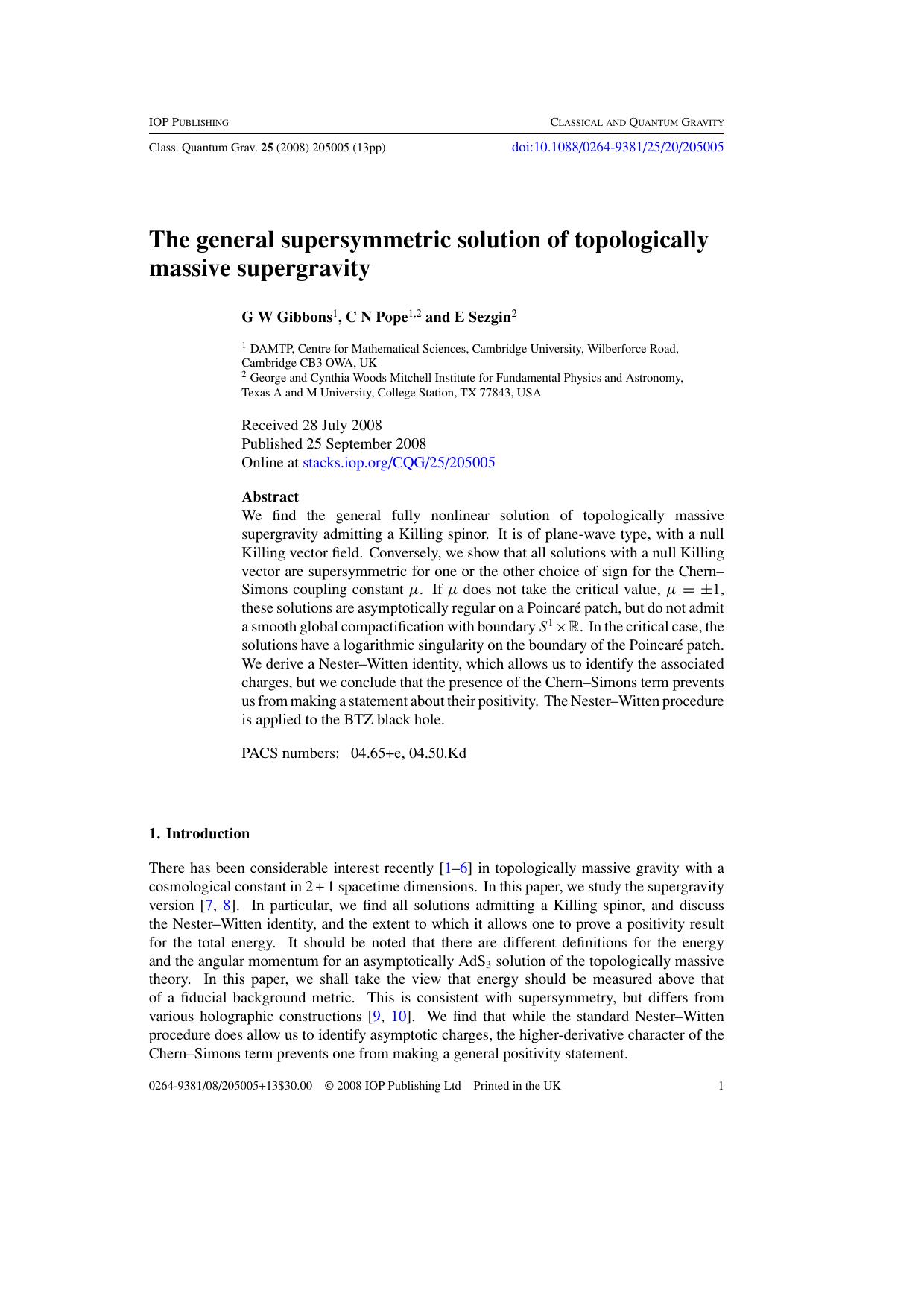 The general supersymmetric solution of topologically massive supergravity by G W Gibbons et al