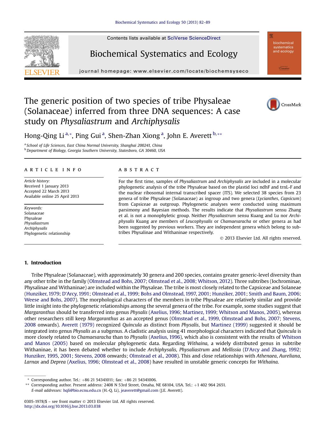 The generic position of two species of tribe Physaleae (Solanaceae) inferred from three DNA sequences: A case study on Physaliastrum and Archiphysalis by Hong-Qing Li & Ping Gui & Shen-Zhan Xiong & John E. Averett