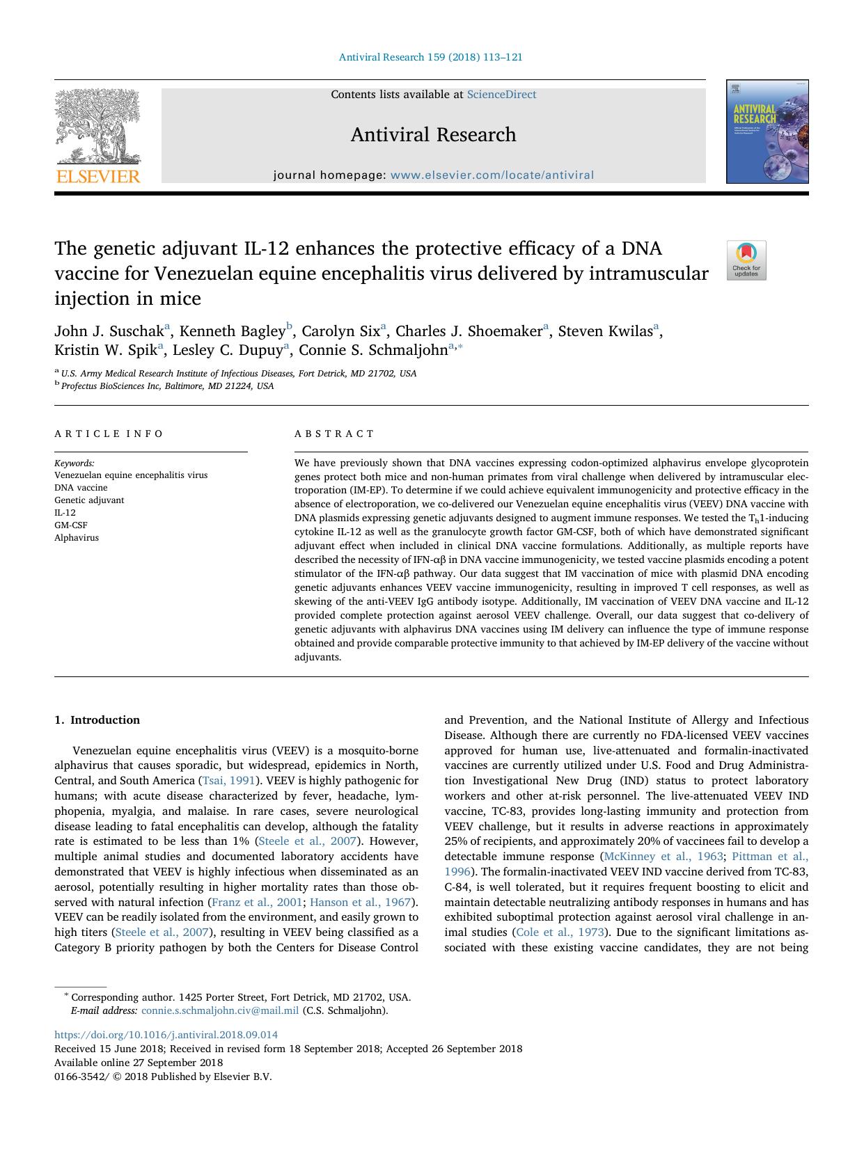 The genetic adjuvant IL-12 enhances the protective efficacy of a DNA vaccine for Venezuelan equine encephalitis virus delivered by intramuscular injection in mice by unknow