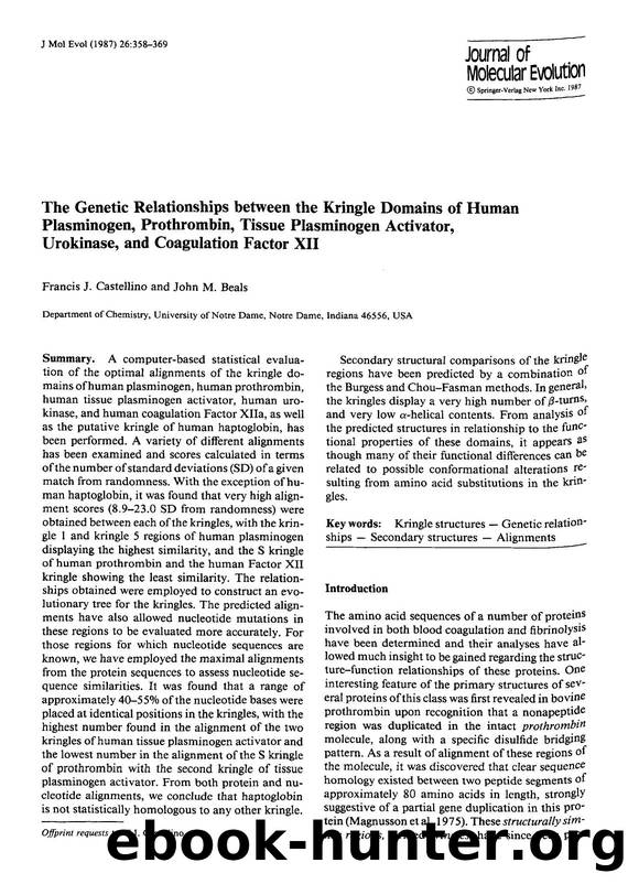 The genetic relationships between the kringle domains of human plasminogen, prothrombin, tissue plasminogen activator, urokinase, and coagulation factor XII by Unknown