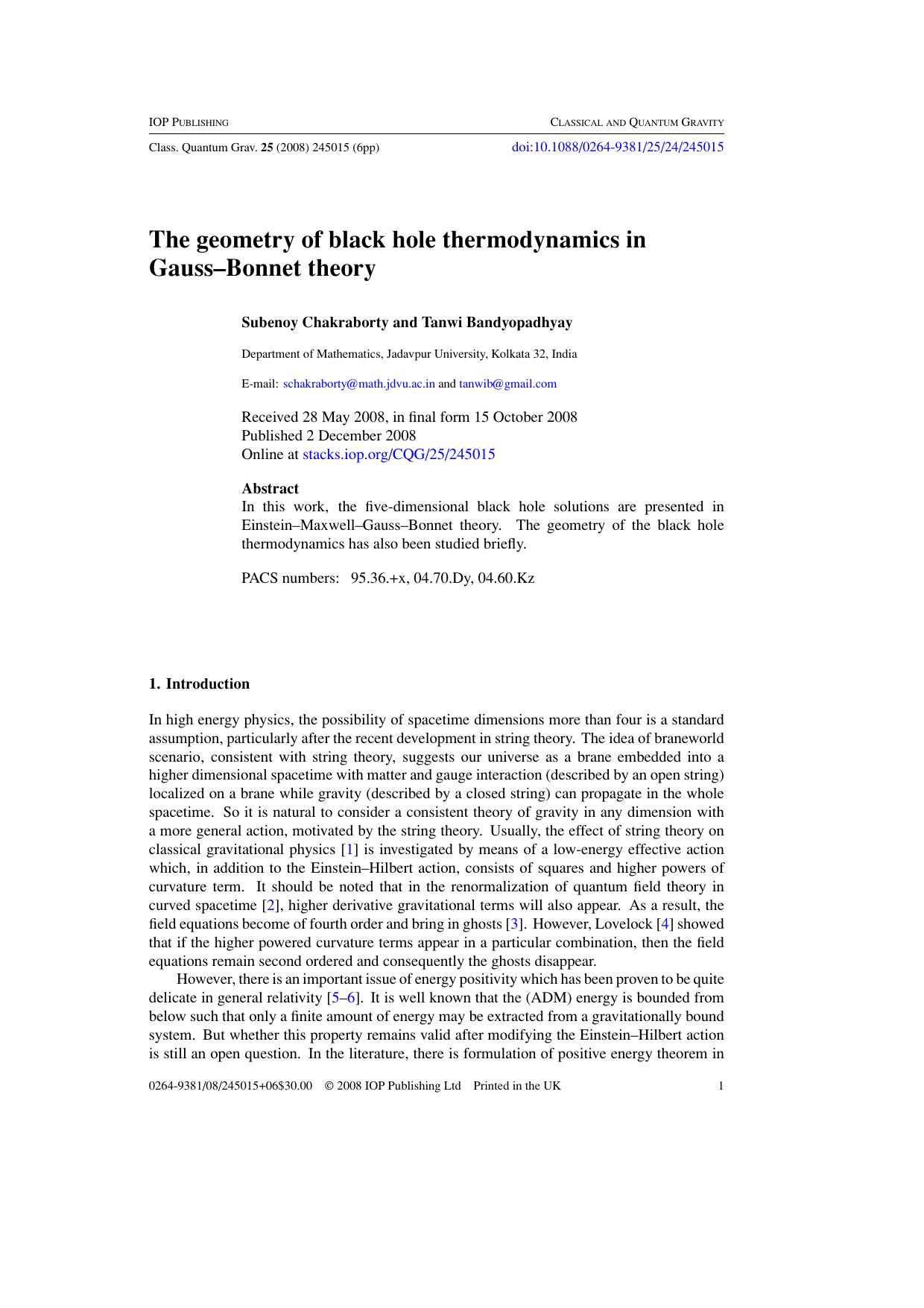 The geometry of black hole thermodynamics in Gauss--Bonnet theory by S Chakraborty & T Bandyopadhyay