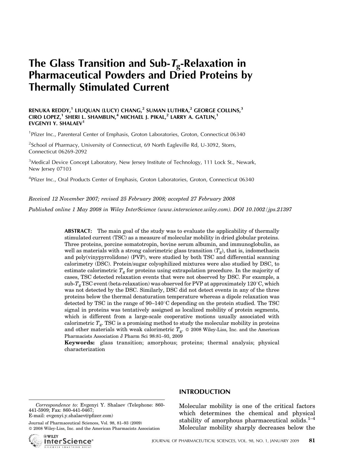 The glass transition and Sub-Tg-relaxation in pharmaceutical powders and dried proteins by thermally stimulated current by Unknown