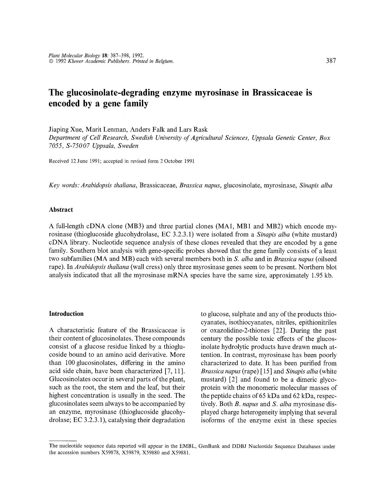 The glucosinolate-degrading enzyme myrosinase in Brassicaceae is encoded by a gene family by Unknown