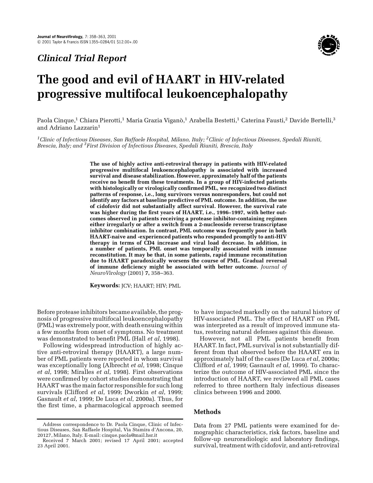 The good and evil of HAART in HIV-related progressive multifocal leukoencephalopathy by Unknown